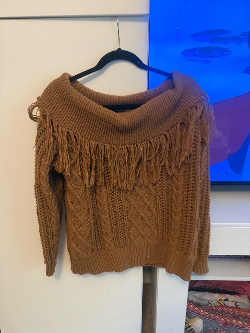 Pretty little things Fringe Off-Shoulder Cable Knit Sweater - Brown